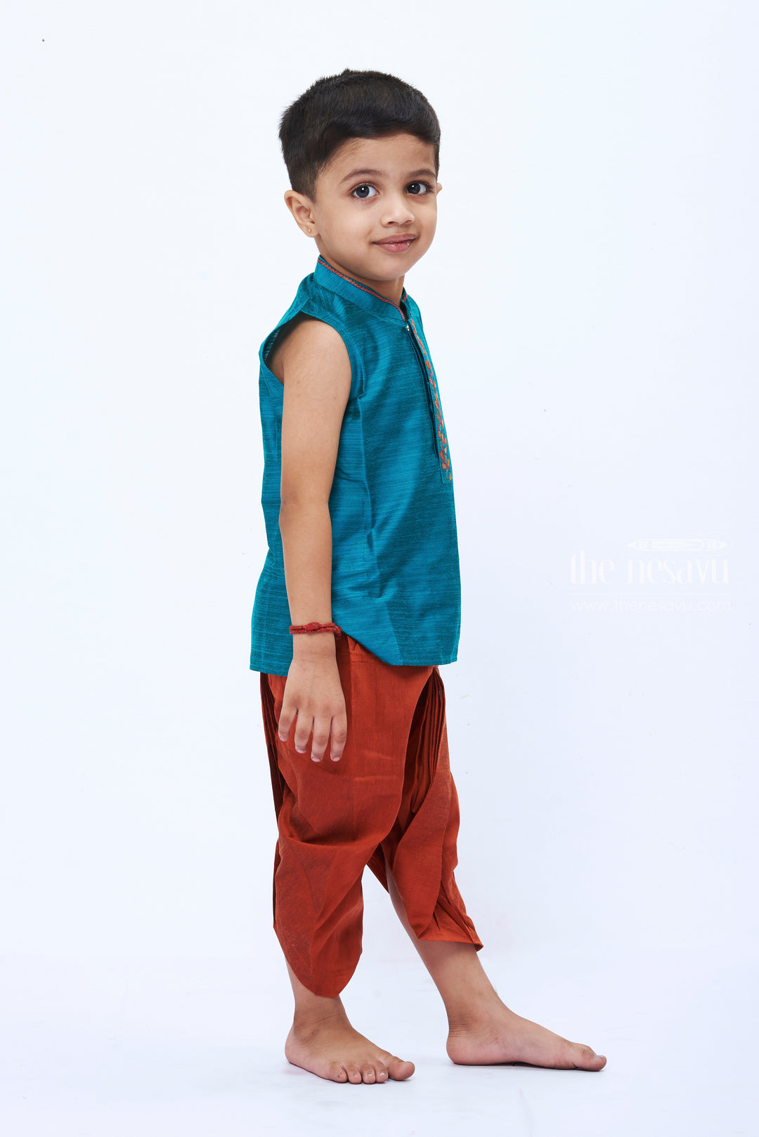 The Nesavu Boys Dothi Set Boys Festive Green Sleeveless Kurta with Dhoti Ensemble Nesavu Boys Green Sleeveless Kurta Dhoti Set | Traditional Festive Children s Wear