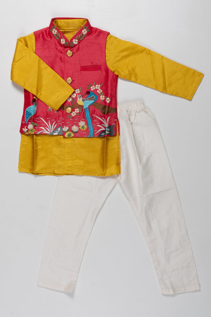 The Nesavu Boys Jacket Sets Boys Festive Peacock Embroidered Jacket With Kurta and Pant Set - Regal Pink and Yellow For Haldi Event Nesavu 14 (6M) / Yellow / Blend Silk BES541A-14 Embroidered Peacock Boys Kurta Set | Maroon and Gold Traditional Wear | The Nesavu