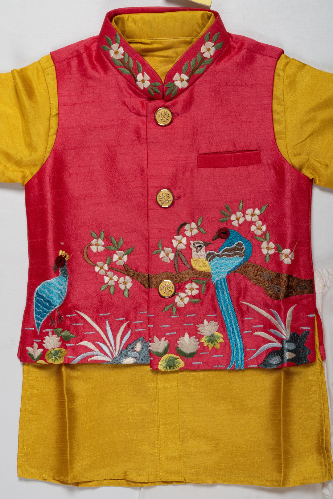 The Nesavu Boys Jacket Sets Boys Festive Peacock Embroidered Jacket With Kurta and Pant Set - Regal Pink and Yellow For Haldi Event Nesavu Embroidered Peacock Boys Kurta Set | Maroon and Gold Traditional Wear | The Nesavu