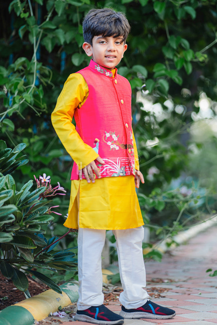 The Nesavu Boys Jacket Sets Boys Festive Peacock Embroidered Jacket With Kurta and Pant Set - Regal Pink and Yellow For Haldi Event Nesavu Embroidered Peacock Boys Kurta Set | Maroon and Gold Traditional Wear | The Nesavu