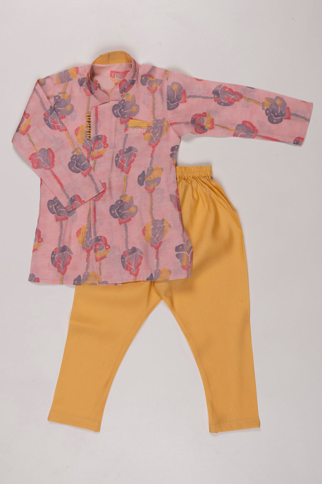 The Nesavu Boys Dothi Set Boys Floral Printed Kurta Shirt with Dhoti and Pant Set - Versatile Festive Attire Nesavu 10 (NB) / Pink / Silk Blend BES497A-10 Boys Floral Kurta with Dhoti Pants Set | Colorful Ethnic and Casual Mix | The Nesavu