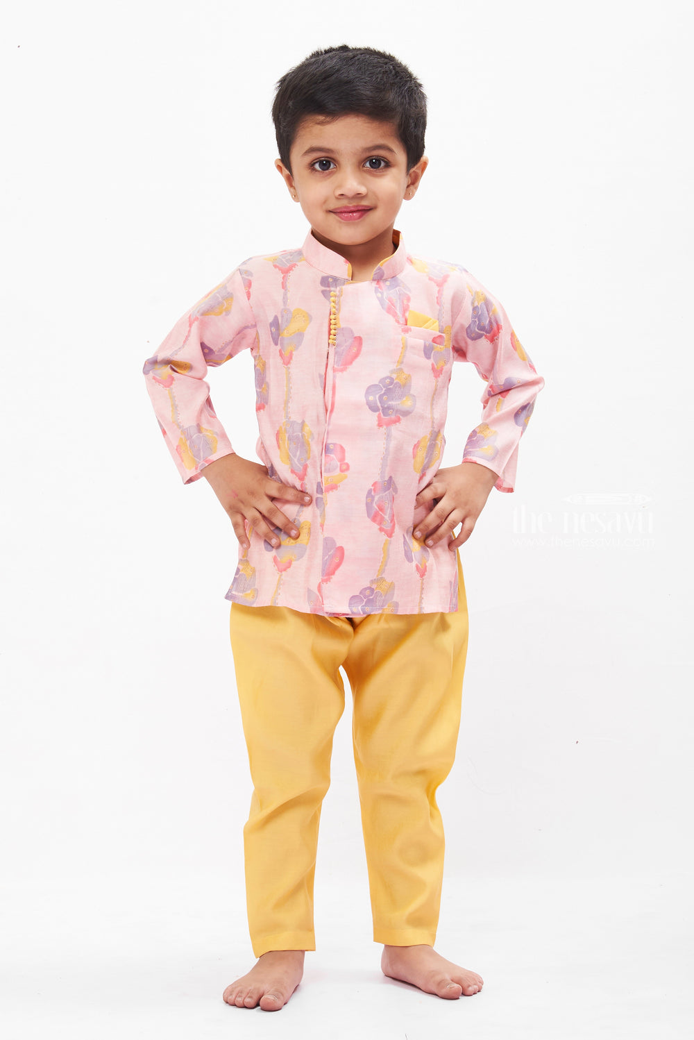 The Nesavu Boys Dothi Set Boys Floral Printed Kurta Shirt with Dhoti and Pant Set - Versatile Festive Attire Nesavu 10 (NB) / Pink / Silk Blend BES497A-10 Boys Floral Kurta with Dhoti Pants Set | Colorful Ethnic and Casual Mix | The Nesavu