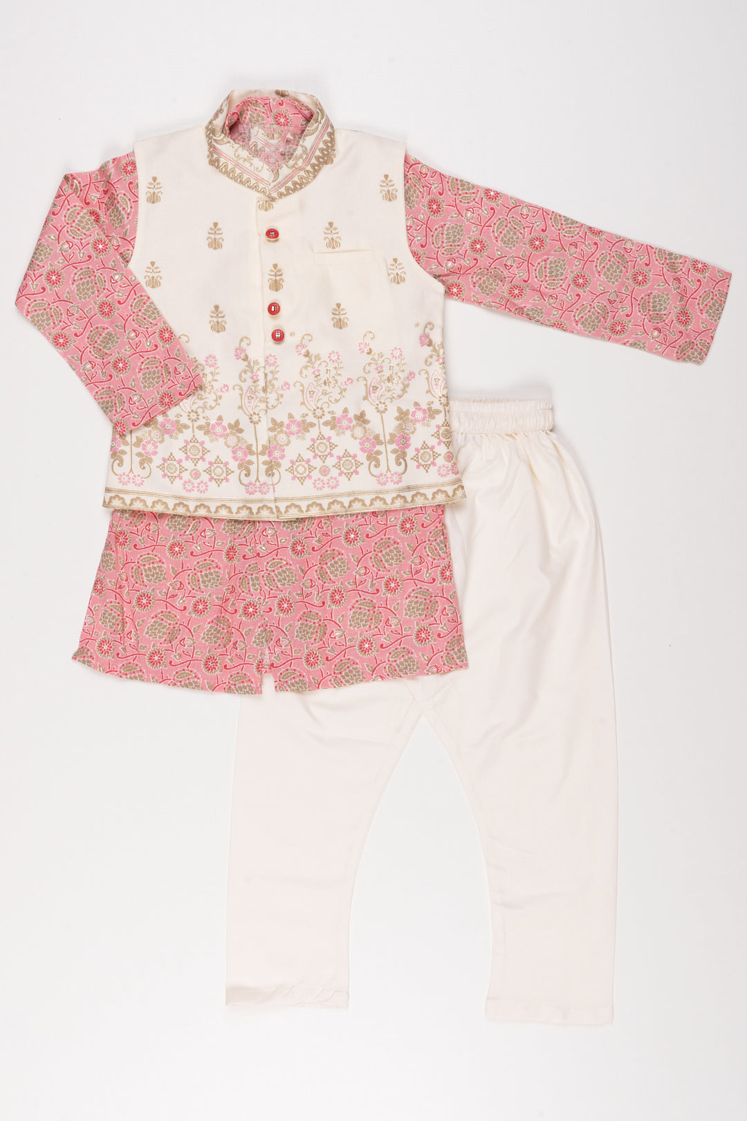 Boys' Floral Printed Pink Kurta with Half White Overcoat & Pant Set - Traditional Festive Ensemble