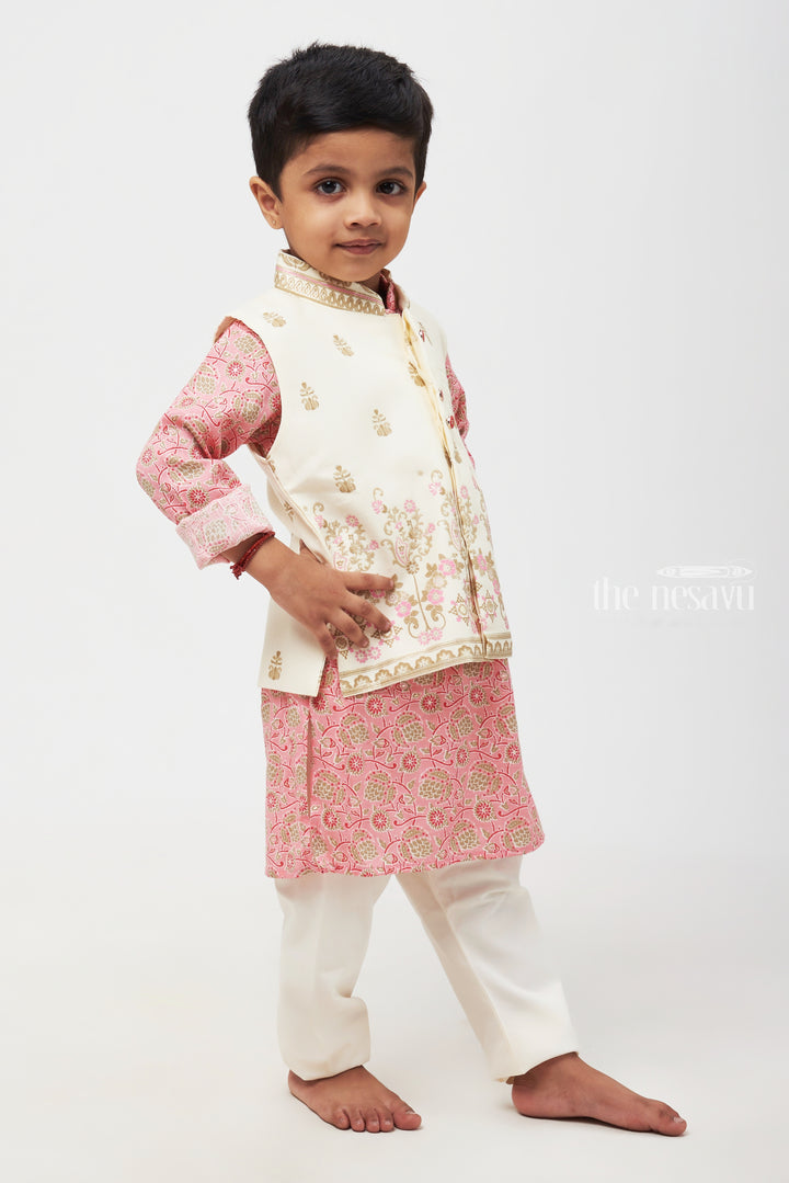 Boys' Floral Printed Pink Kurta with Half White Overcoat & Pant Set - Traditional Festive Ensemble