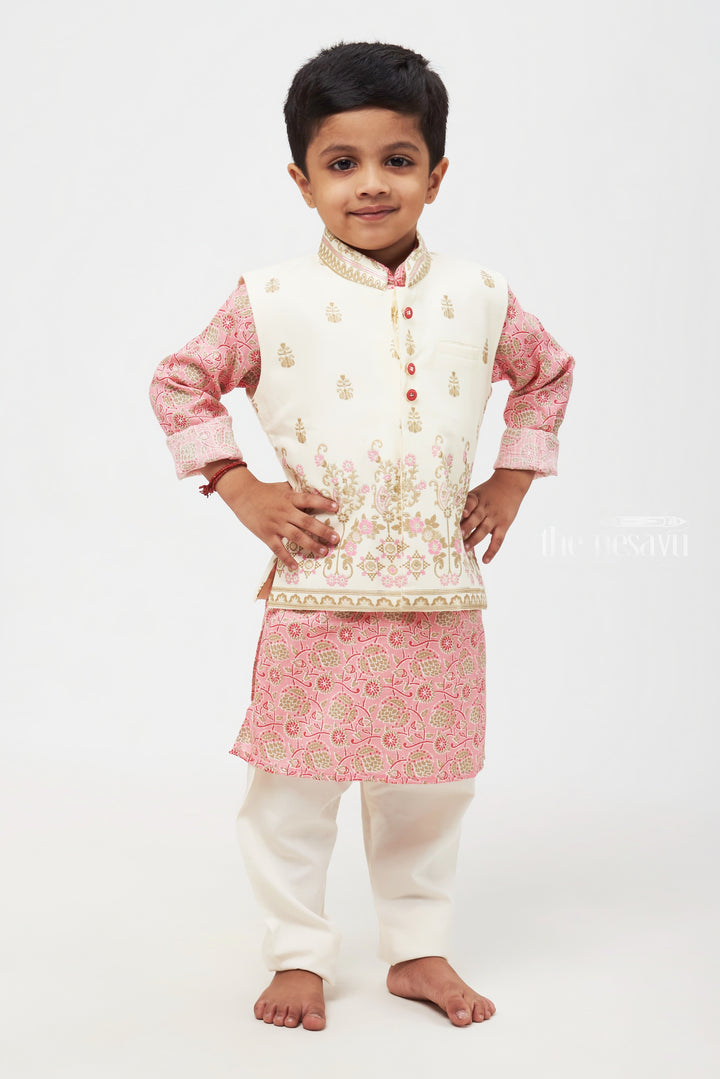 Boys' Floral Printed Pink Kurta with Half White Overcoat & Pant Set - Traditional Festive Ensemble