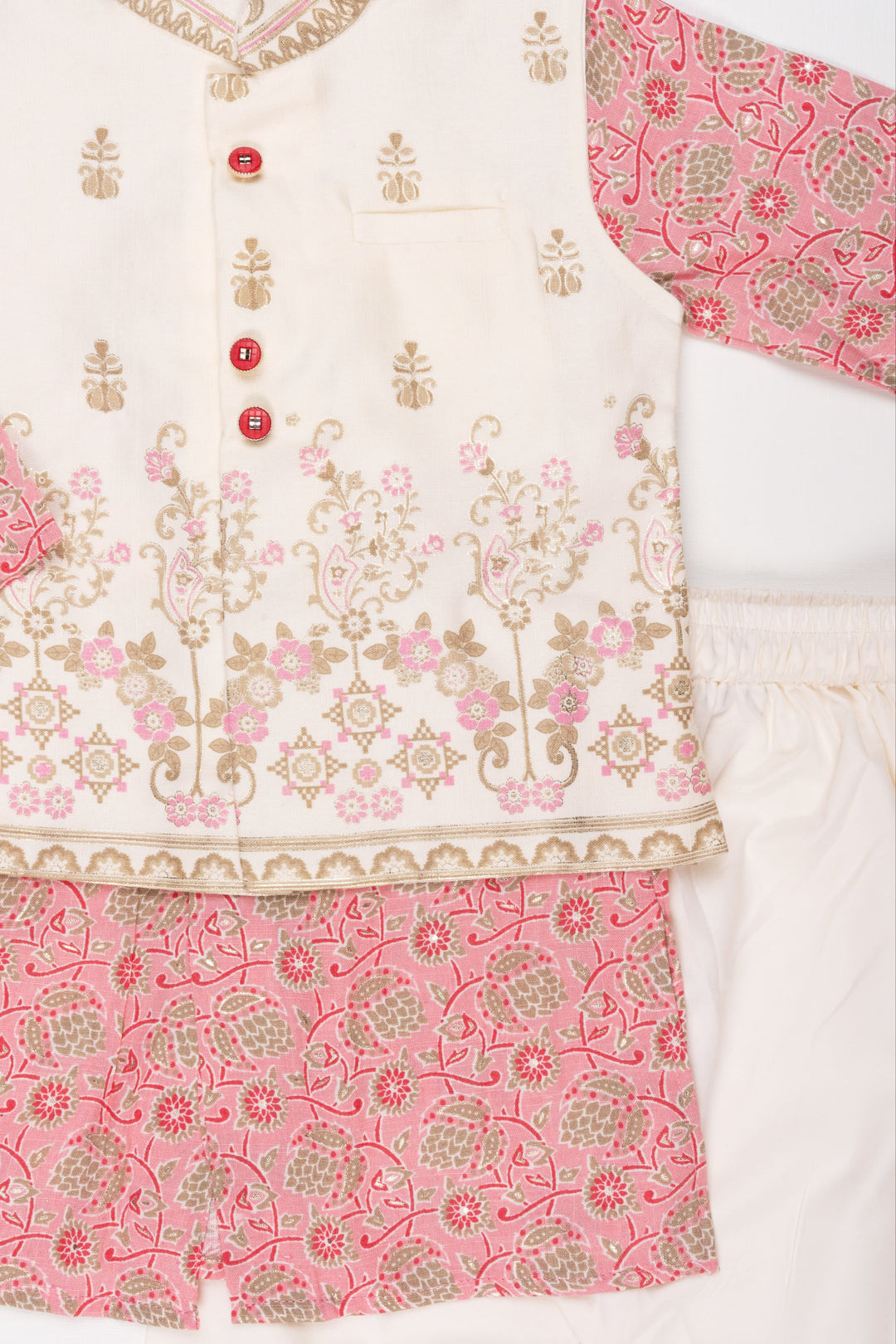 The Nesavu Boys Jacket Sets Boys' Floral Printed Pink Kurta with Half White Overcoat & Pant Set - Traditional Festive Ensemble Nesavu 20 (3Y) / Pink / Modal BES404A-20 Festive Floral Printed Pink Kurta Set for Boys: Traditional Half White Overcoat Pant Ensemble | The Nesavu