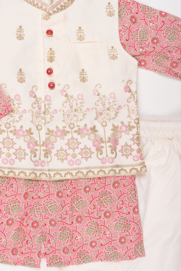 The Nesavu Boys Jacket Sets Boys' Floral Printed Pink Kurta with Half White Overcoat & Pant Set - Traditional Festive Ensemble Nesavu 20 (3Y) / Pink / Modal BES404A-20 Festive Floral Printed Pink Kurta Set for Boys: Traditional Half White Overcoat Pant Ensemble | The Nesavu