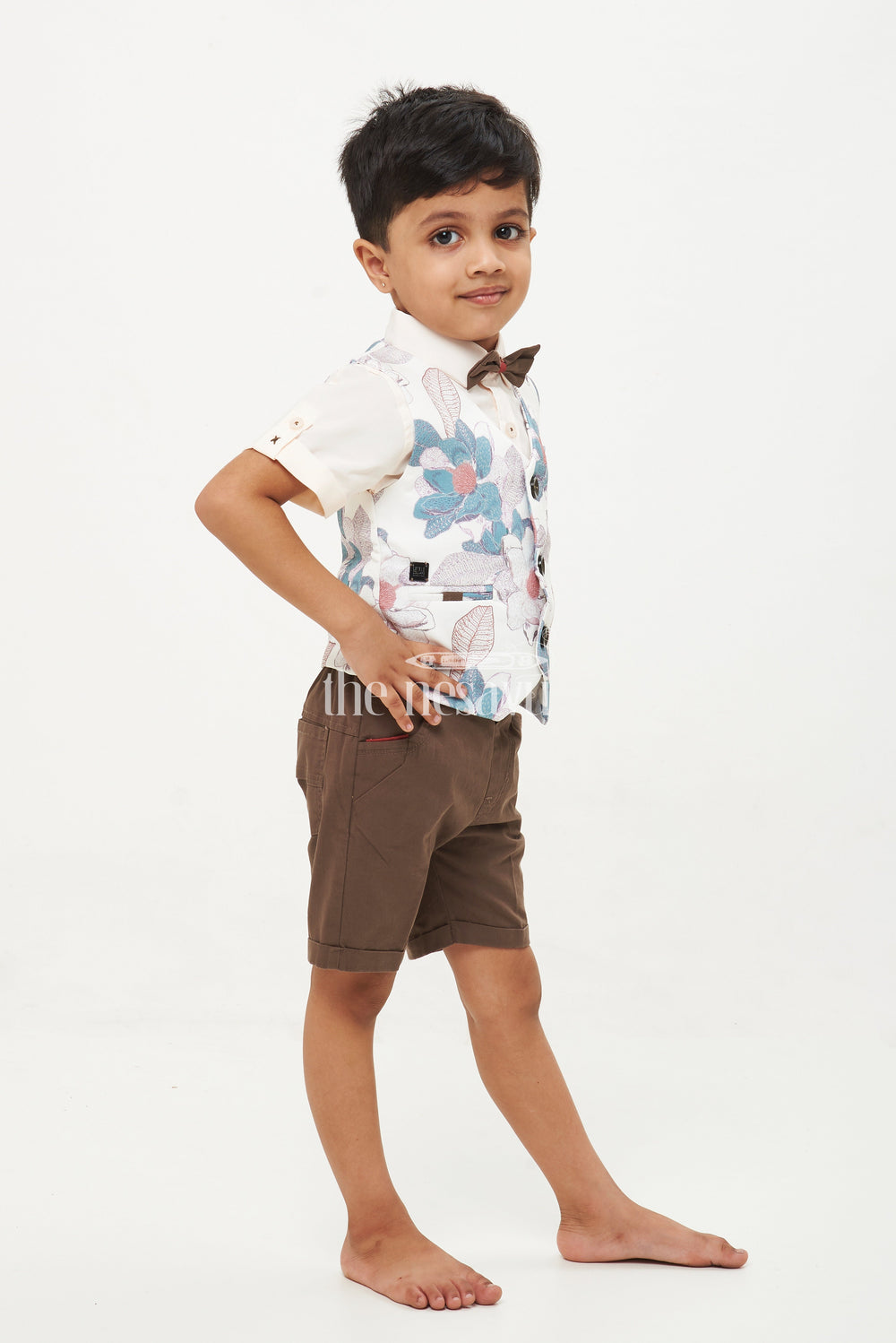 The Nesavu Boys Casual Set Boys' Floral Waistcoat, Shirt, and Shorts Set - Green and Brown Nesavu