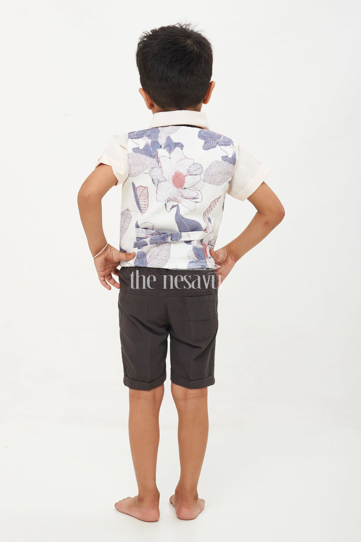 The Nesavu Boys Casual Set Boys' Floral Waistcoat, Shirt, and Shorts Set - Grey and Black Nesavu