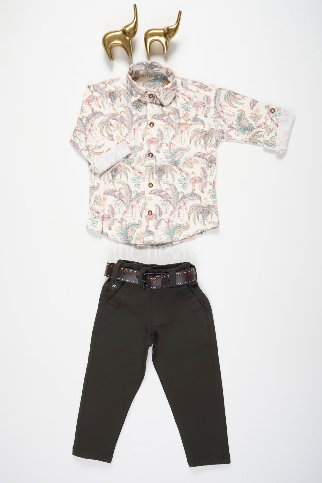 The Nesavu Boys Casual Set Boys Full-Sleeve Botanical Print Shirt and Black Pants Set with a Classic Casual Fit Nesavu 16 (1Y) / White BCS171A-16 Nesavu Boys Full-Sleeve Botanical Print Shirt Black Pants Set Casual Festive Occasions