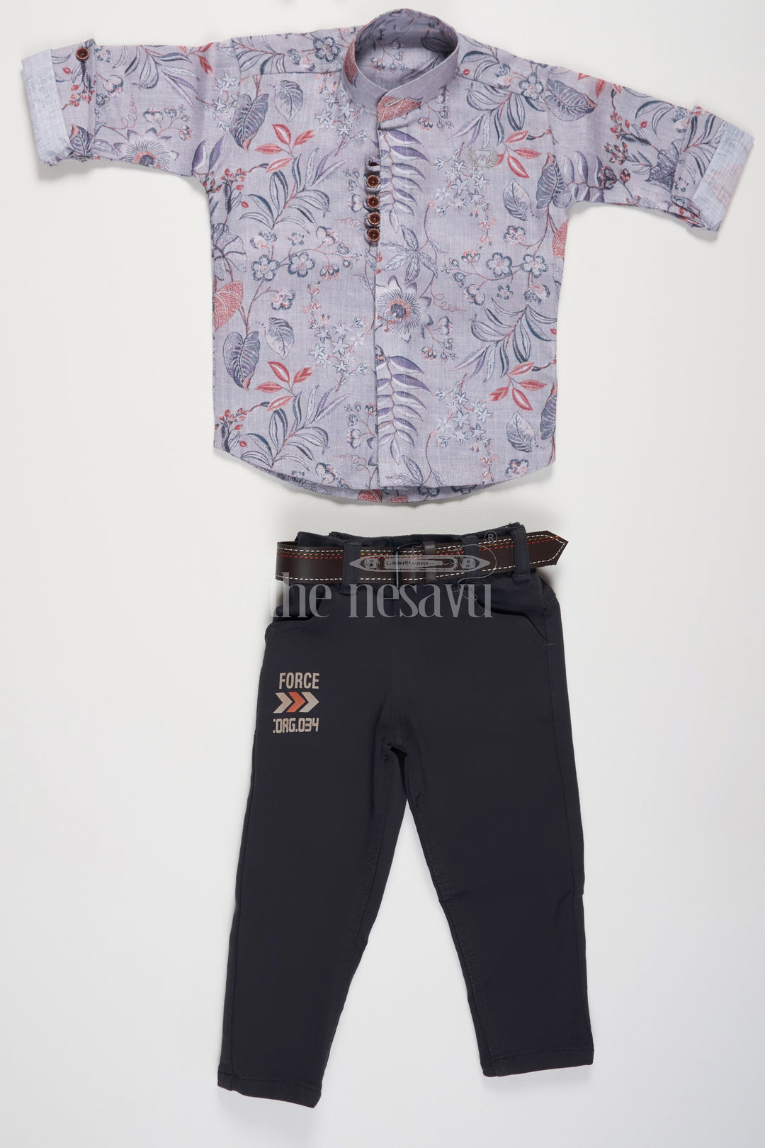 The Nesavu Boys Casual Set Boys Full Sleeve Floral Shirt and Black Slim-Fit Pant Set with Smart Semi-Casual Look Nesavu Nesavu Boys Floral Full-Sleeve Shirt and Black Pants Set for Festive Occasions and Casual Outings