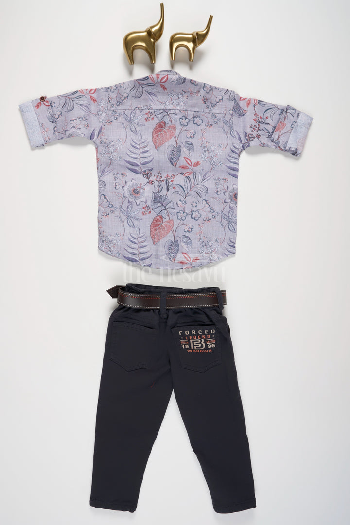 The Nesavu Boys Casual Set Boys Full Sleeve Floral Shirt and Black Slim-Fit Pant Set with Smart Semi-Casual Look Nesavu Nesavu Boys Floral Full-Sleeve Shirt and Black Pants Set for Festive Occasions and Casual Outings