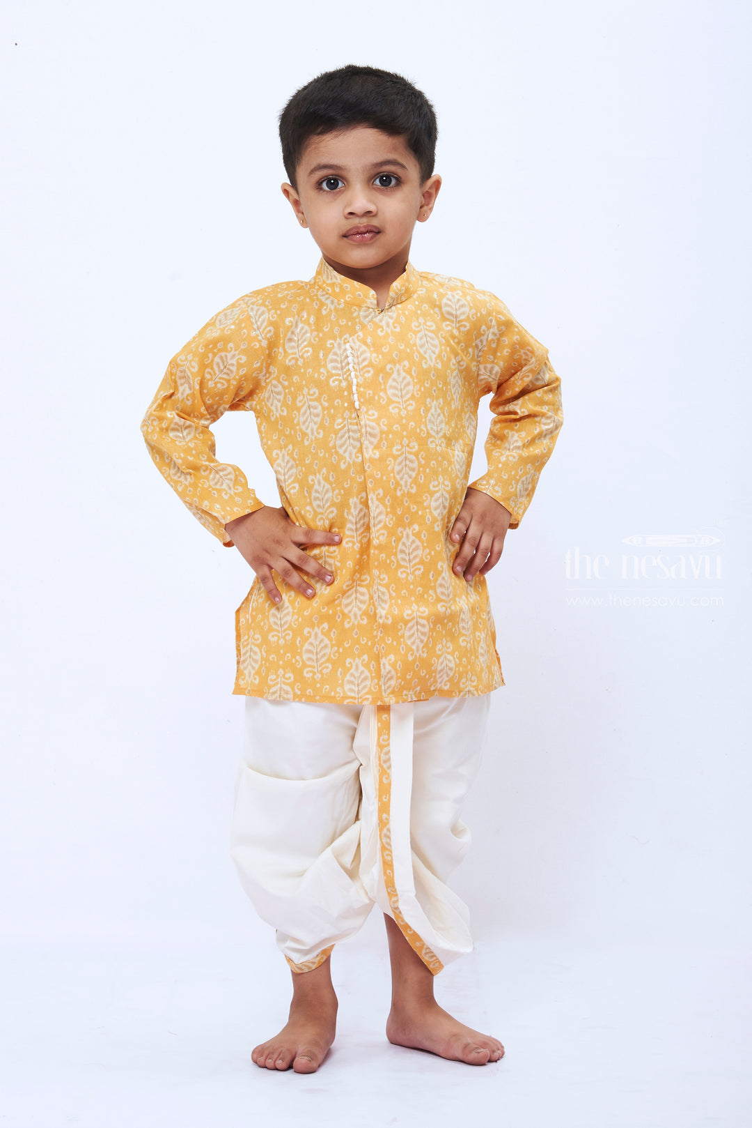 The Nesavu Boys Dothi Set Boys Goldenrod Leaf Print Kurta with White Dhoti Set Nesavu 12 (3M) / Yellow / Cotton BES485C-12 Boys Festive Goldenrod Kurta White Dhoti Set | Traditional Celebratory Attire | The Nesavu