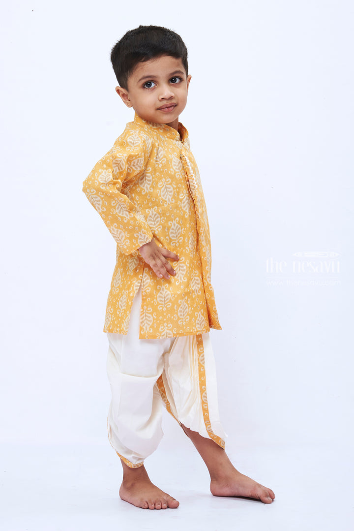 The Nesavu Boys Dothi Set Boys Goldenrod Leaf Print Kurta with White Dhoti Set Nesavu Boys Festive Goldenrod Kurta White Dhoti Set | Traditional Celebratory Attire | The Nesavu