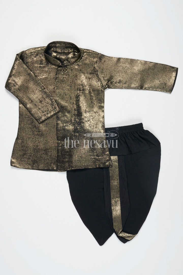 The Nesavu Boys Dothi Set Boys Gray Shimmer Tissue Inspired Dothi Set with Long Sleeve Shirt Nesavu Boys Gray Shimmer Tissue Dothi Set Nesavu Luxurious Traditional Attire Weddings Festive Events