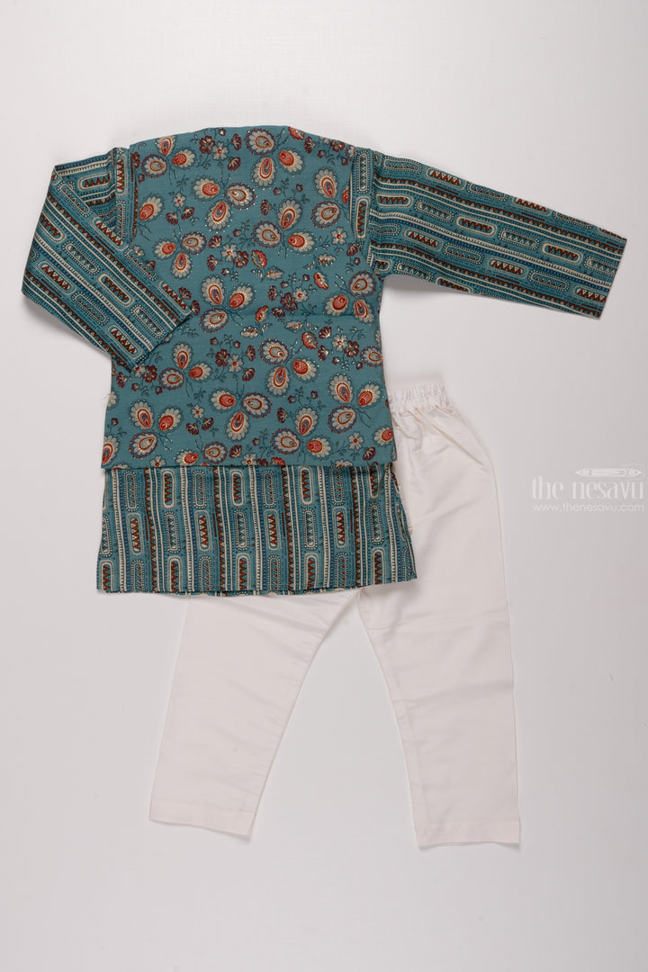 The Nesavu Boys Dothi Set Boys Green Floral Kurta with Overcoat & White Pant Ensemble Nesavu Boys Elegant Green Kurta Ensemble | Detailed Overcoat & White Pant Set | The Nesavu