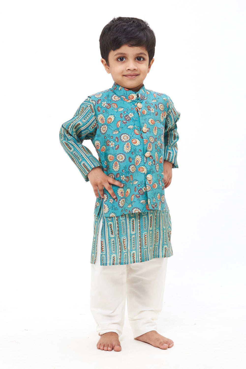 The Nesavu Boys Jacket Sets Boys Green Floral Kurta with Overcoat & White Pant Ensemble Nesavu 14 (6M) / Green / Modal BES439B-14 Boys Elegant Green Kurta Ensemble | Detailed Overcoat & White Pant Set | The Nesavu