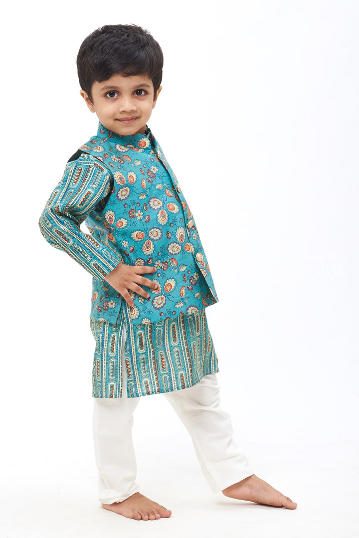 The Nesavu Boys Jacket Sets Boys Green Floral Kurta with Overcoat & White Pant Ensemble Nesavu Boys Elegant Green Kurta Ensemble | Detailed Overcoat & White Pant Set | The Nesavu