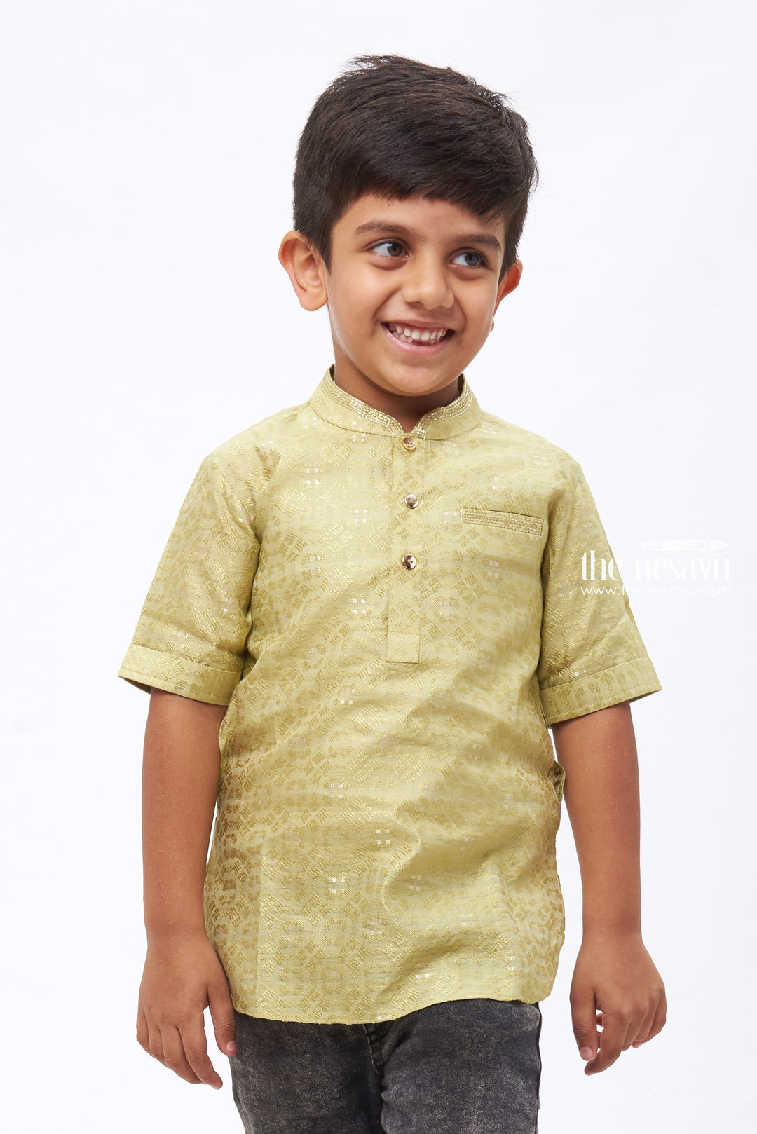 The Nesavu Boys Kurtha Shirt Boys Green Geometric Print Traditional Kurta Shirt Nesavu 16 (1Y) / Green / Georgette BS121B-16 Traditional Shirt for Boys | Boys Stylish Shirt Online | The Nesavu