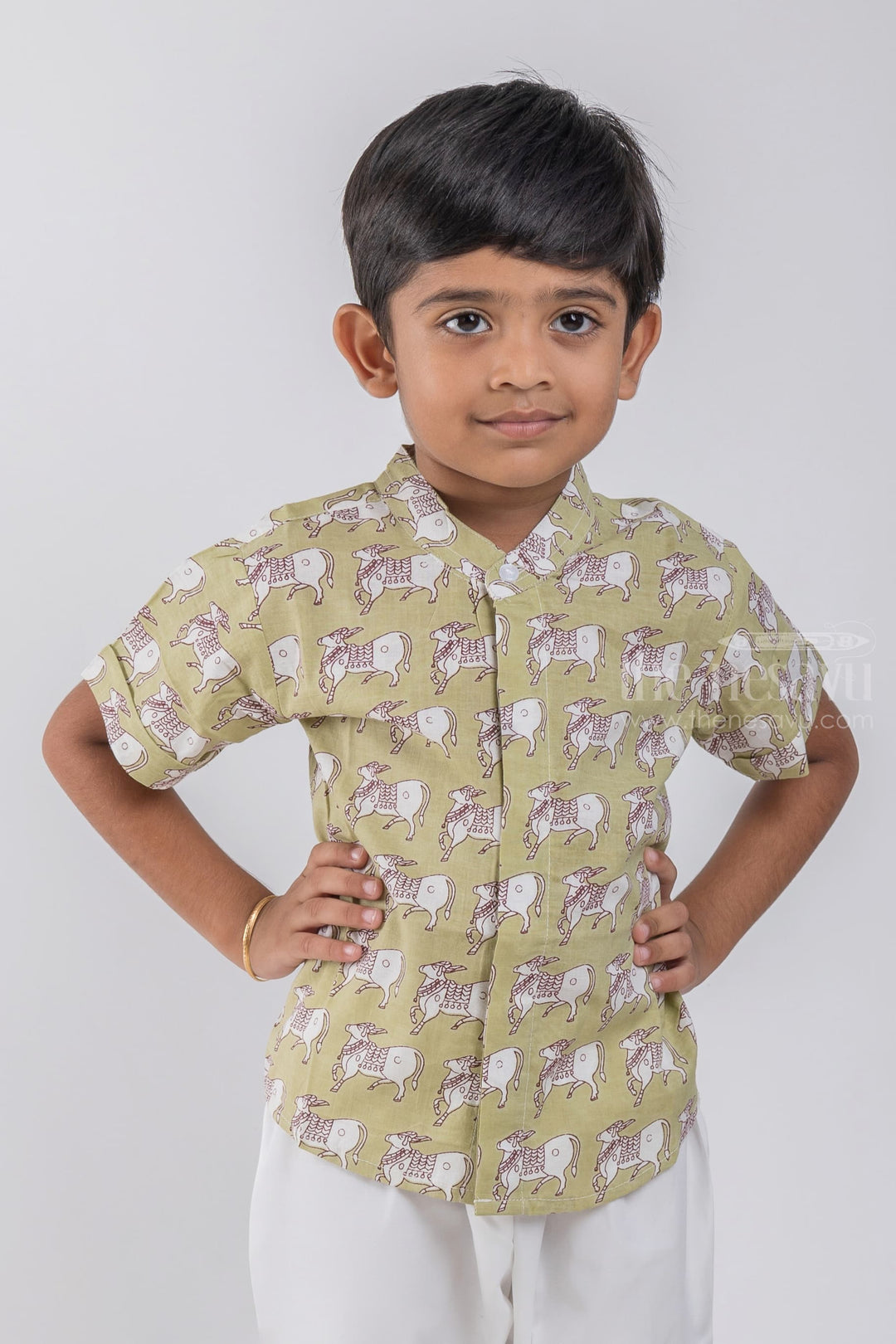 The Nesavu Boys Cotton Shirt Boys Green Pitchwai Cow Printed Casual Cotton Shirt by The Nesavu psr silks Nesavu 14 (6M) / Green / Cotton BS043A