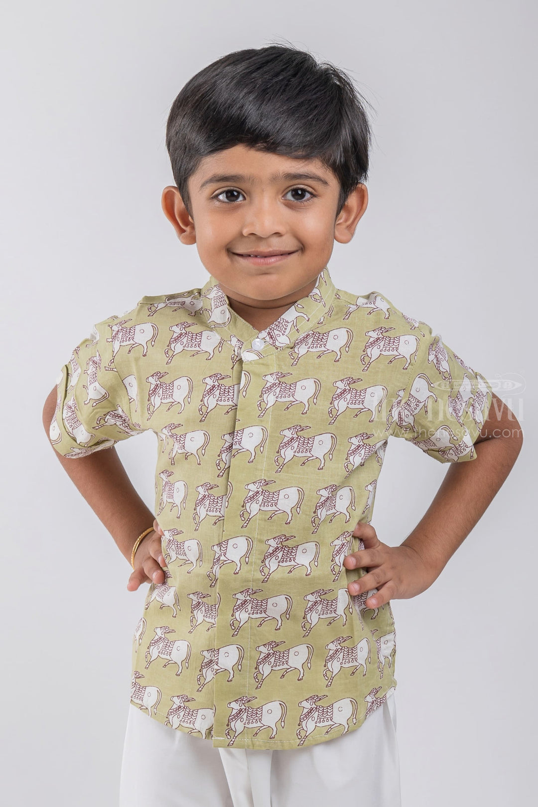 The Nesavu Boys Cotton Shirt Boys Green Pitchwai Cow Printed Casual Cotton Shirt by The Nesavu psr silks Nesavu