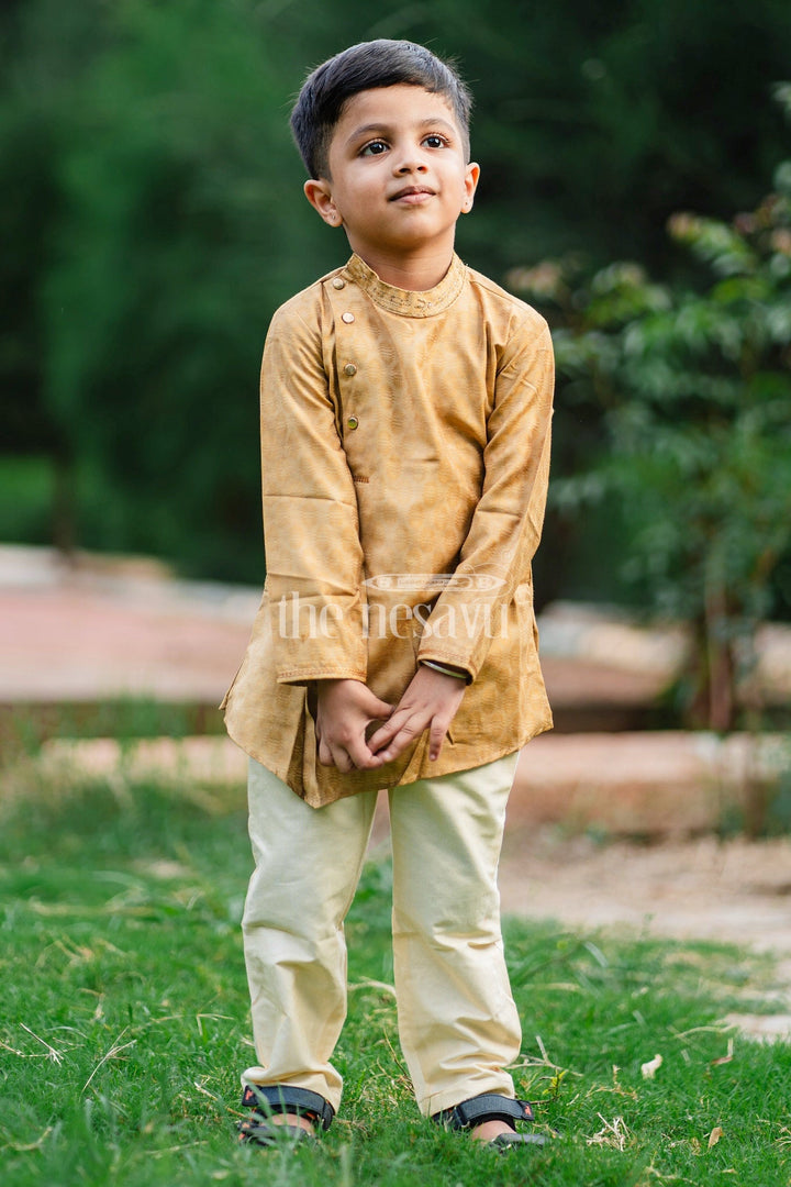 The Nesavu Boys Kurtha Set Boys Green Tie-Dye Kurta Set with Asymmetrical Front Button Design and Pajama Nesavu 14 (6M) / Brown BES547A-14 Nesavu Boys Green Tie-Dye Kurta Set Embroidered Collar White Pajama Special Occasions