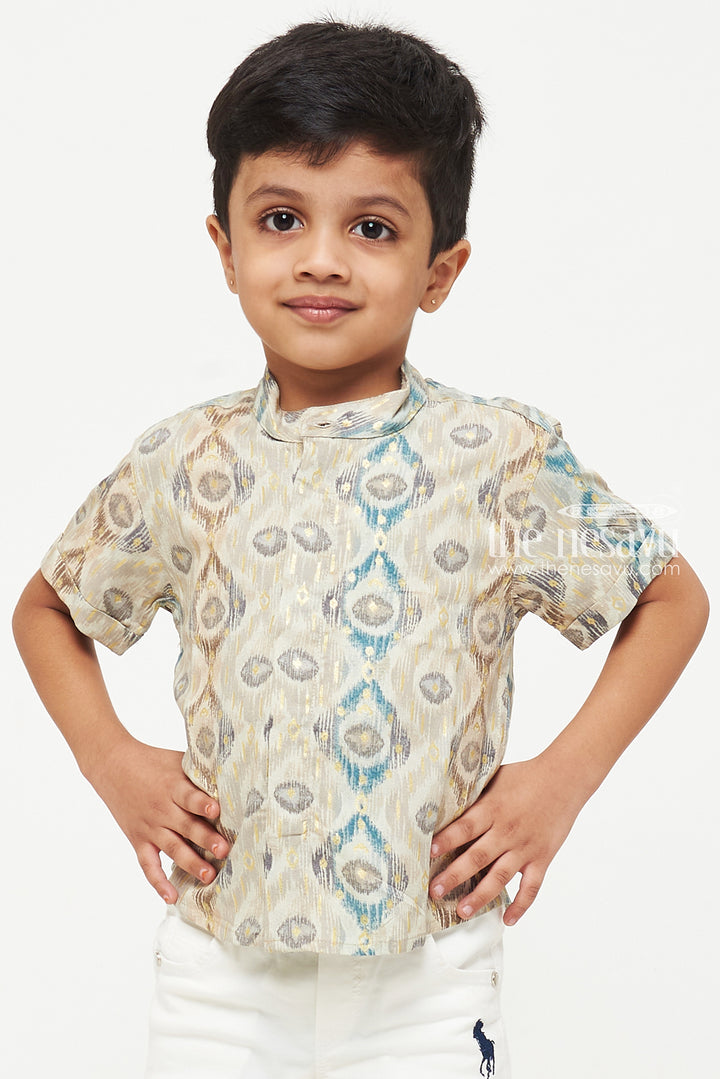 The Nesavu Boys Cotton Shirt Boys Grey Ikat Print Rayon Shirt - Stylish Ethnic Wear for Kids Nesavu Boys Ikat Print Rayon Shirt | Stylish Ethnic Wear for Kids | The Nesavu