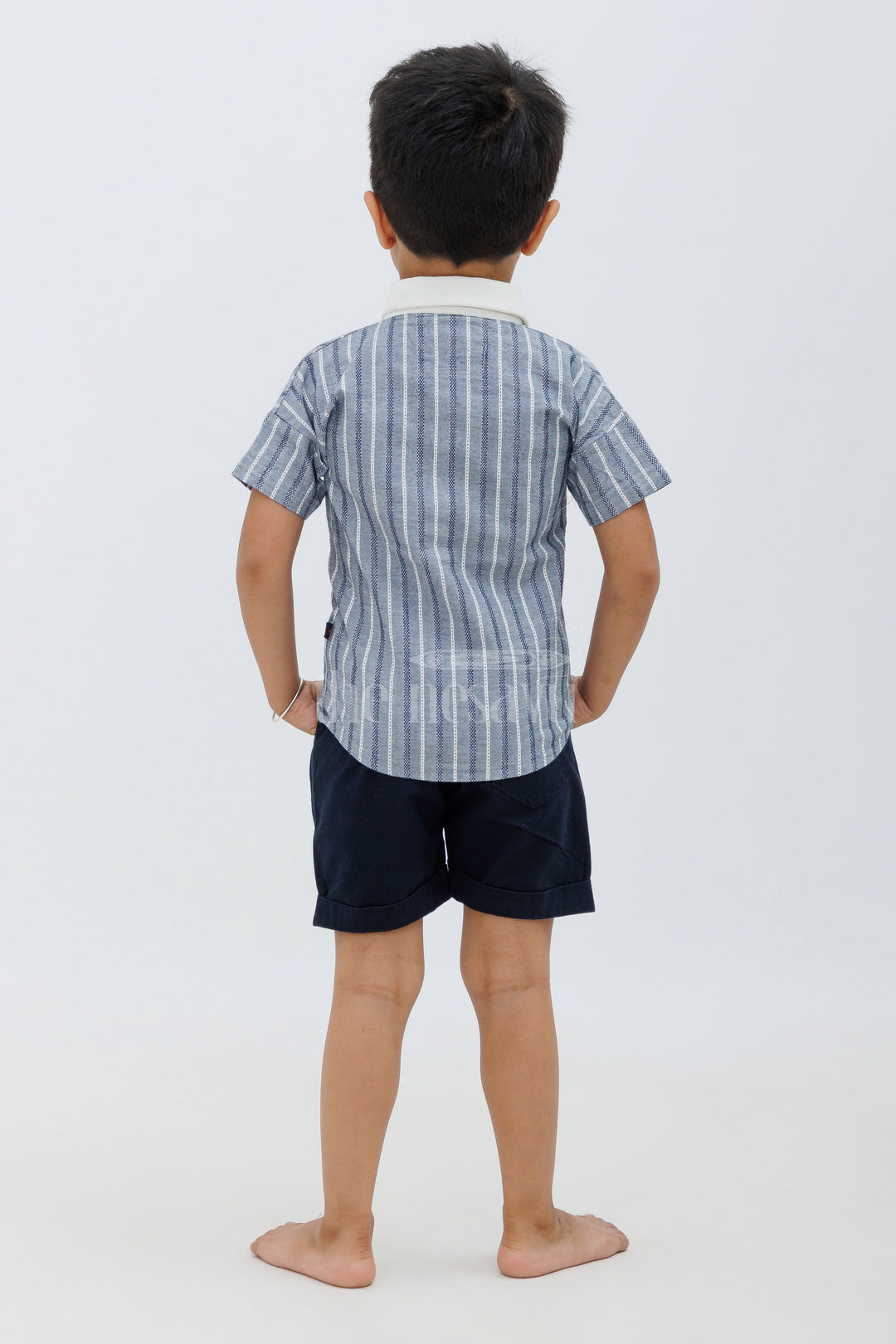 The Nesavu Boys Casual Set Boys Grey Striped Half Sleeve Shirt and Navy Shorts Set Nesavu The Nesavu Boys Grey Striped Shirt and Navy Shorts Set