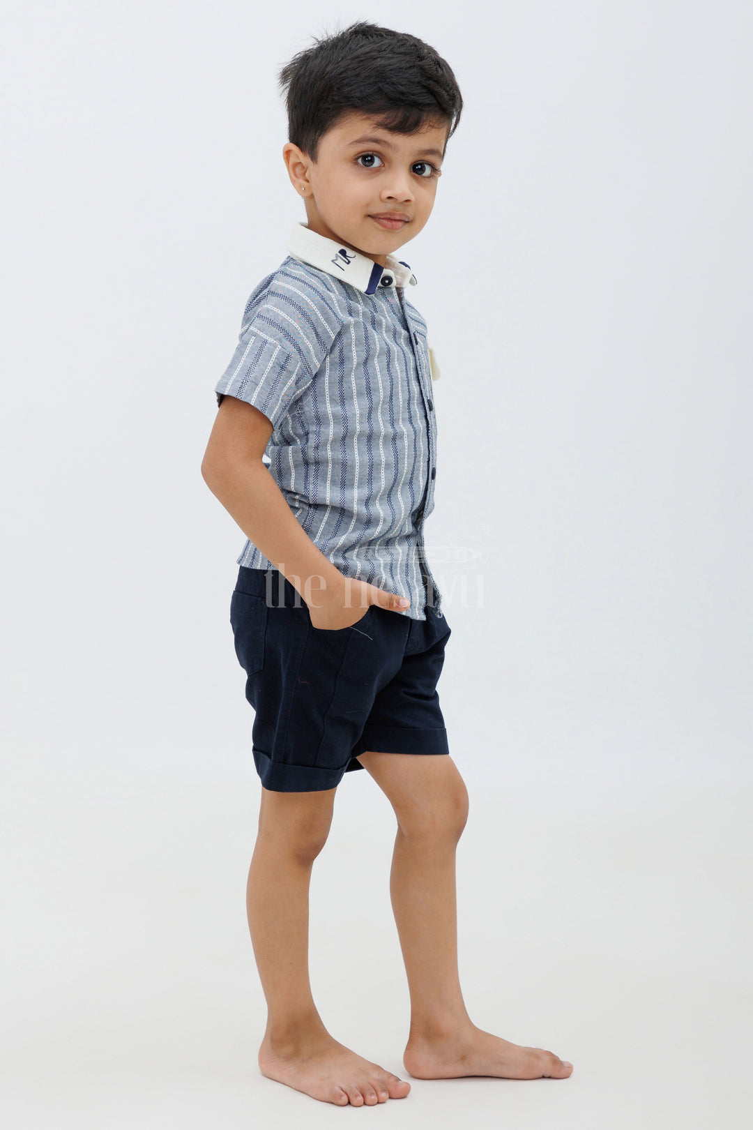 The Nesavu Boys Casual Set Boys Grey Striped Half Sleeve Shirt and Navy Shorts Set Nesavu The Nesavu Boys Grey Striped Shirt and Navy Shorts Set