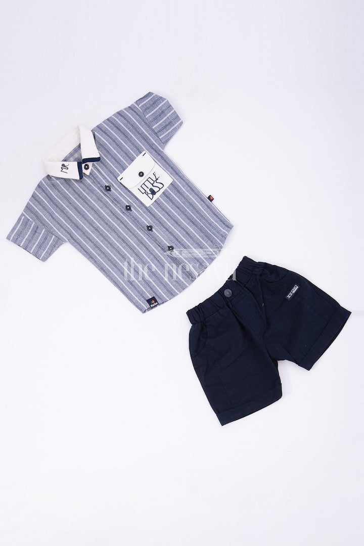 The Nesavu Boys Casual Set Boys Grey Striped Half Sleeve Shirt and Navy Shorts Set Nesavu The Nesavu Boys Grey Striped Shirt and Navy Shorts Set