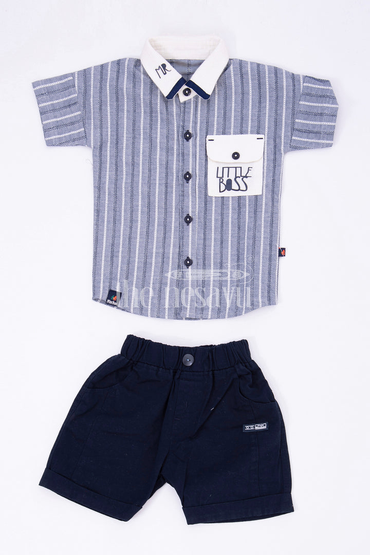 The Nesavu Boys Casual Set Boys Grey Striped Half Sleeve Shirt and Navy Shorts Set Nesavu The Nesavu Boys Grey Striped Shirt and Navy Shorts Set