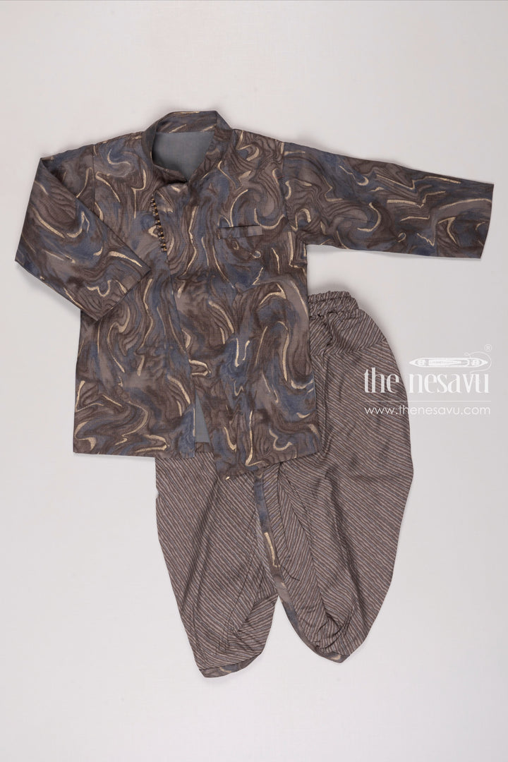 The Nesavu Boys Dothi Set Boys Grey Swirl Kurta with Textured Dhoti Set Nesavu 12 (3M) / Gray / Cotton BES488C-12 Boys Elegant Midnight Blue Kurta Dhoti Set | Sophisticated Ethnic Wear | The Nesavu