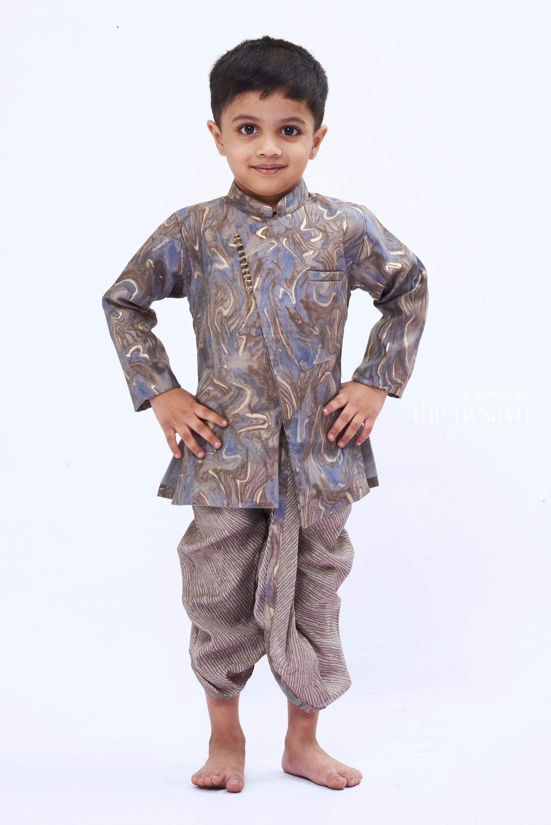 The Nesavu Boys Dothi Set Boys Grey Swirl Kurta with Textured Dhoti Set Nesavu 12 (3M) / Gray / Cotton BES488C-12 Boys Elegant Midnight Blue Kurta Dhoti Set | Sophisticated Ethnic Wear | The Nesavu