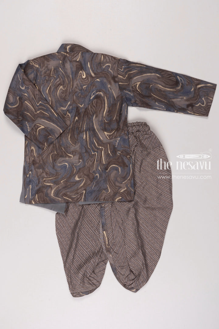 The Nesavu Boys Dothi Set Boys Grey Swirl Kurta with Textured Dhoti Set Nesavu Boys Elegant Midnight Blue Kurta Dhoti Set | Sophisticated Ethnic Wear | The Nesavu