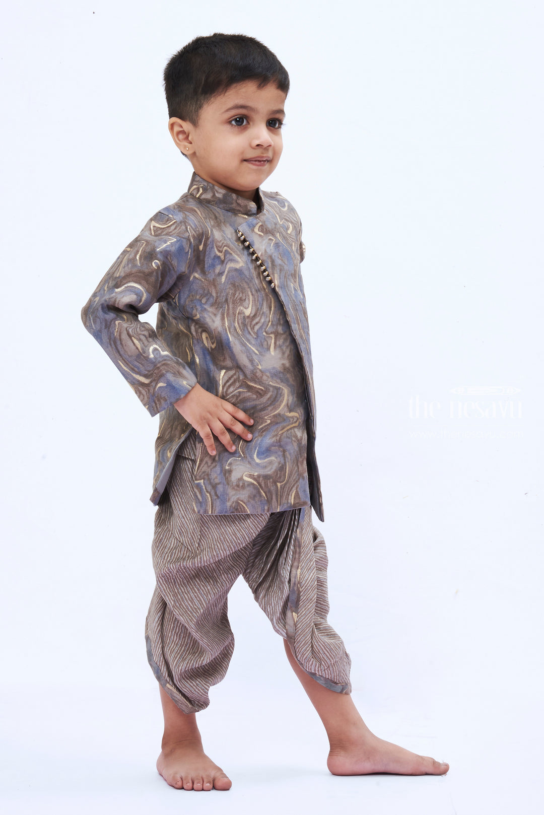 The Nesavu Boys Dothi Set Boys Grey Swirl Kurta with Textured Dhoti Set Nesavu Boys Elegant Midnight Blue Kurta Dhoti Set | Sophisticated Ethnic Wear | The Nesavu