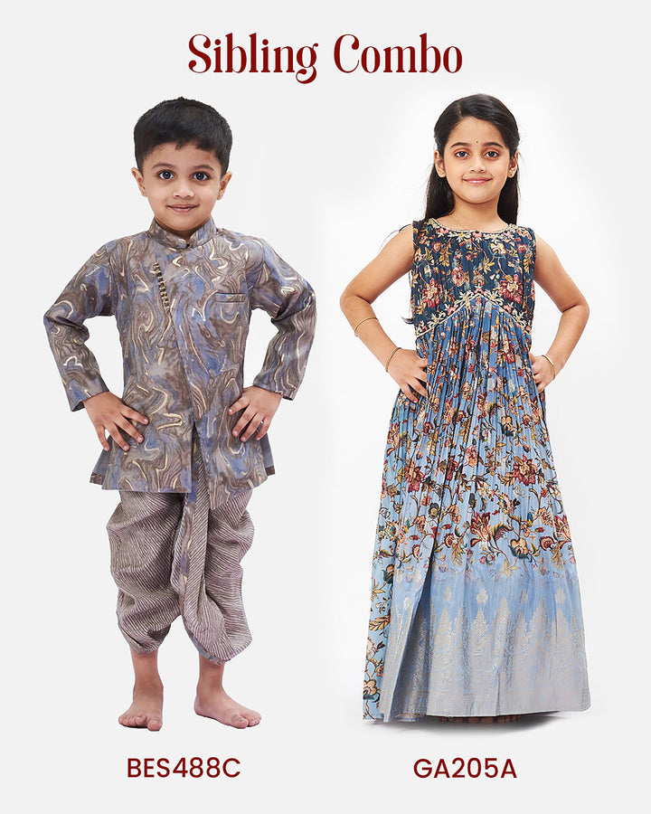 The Nesavu Boys Dothi Set Boys Grey Swirl Kurta with Textured Dhoti Set Nesavu Boys Elegant Midnight Blue Kurta Dhoti Set | Sophisticated Ethnic Wear | The Nesavu