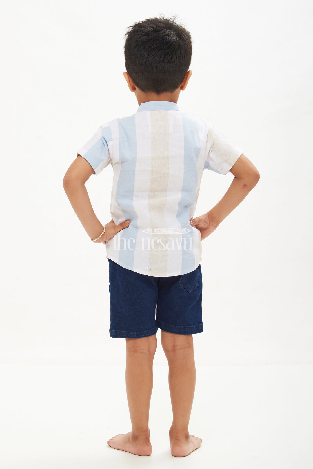 The Nesavu Boys Casual Set Boys' Half Sleeve Striped Shirt & Shorts Set - Blue/Chiku Nesavu Boys' Half Sleeve Striped Shirt & Shorts Set - Blue/Chiku - Sizes 1Y-5Y