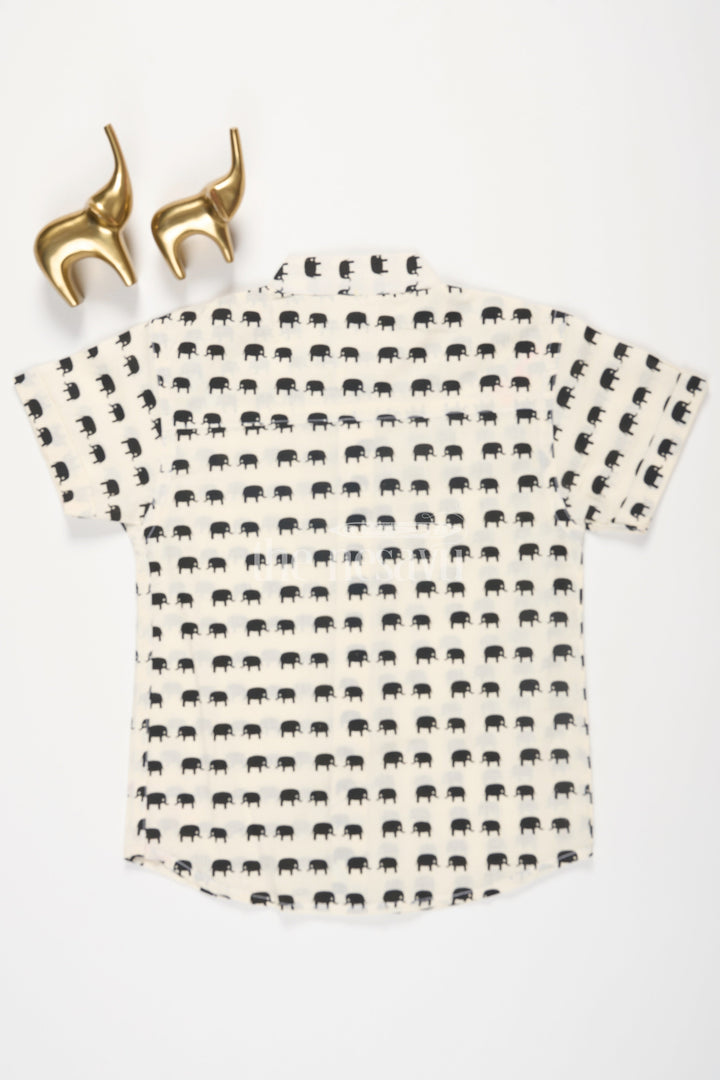 The Nesavu Boys Cotton Shirt Boys Half-White Cotton Shirt with Black Elephant Print for Casual Outings Nesavu Nesavu Boys Half-White Cotton Shirt Black Elephant Print Casual Outings Everyday Wear