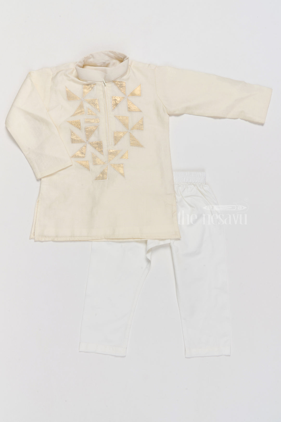 The Nesavu Boys Kurtha Set Boys Ivory Cotton Kurta Set with Elegant Gold Embroidered Triangle Design Nesavu 16 (1Y) / White BES617A-16 Nesavu Boys Ivory Cotton Kurta Set Gold Embroidered Triangle Patterns