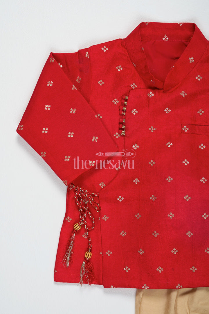 The Nesavu Boys Dothi Set Boys Kurta Dhoti Set in Red with Semi-Silk Banarasi Buttis and Beige Dhoti Nesavu Nesavu Boys Kurta Dhoti Set Red Banarasi Buttis Beige Dhoti Festive Celebrations