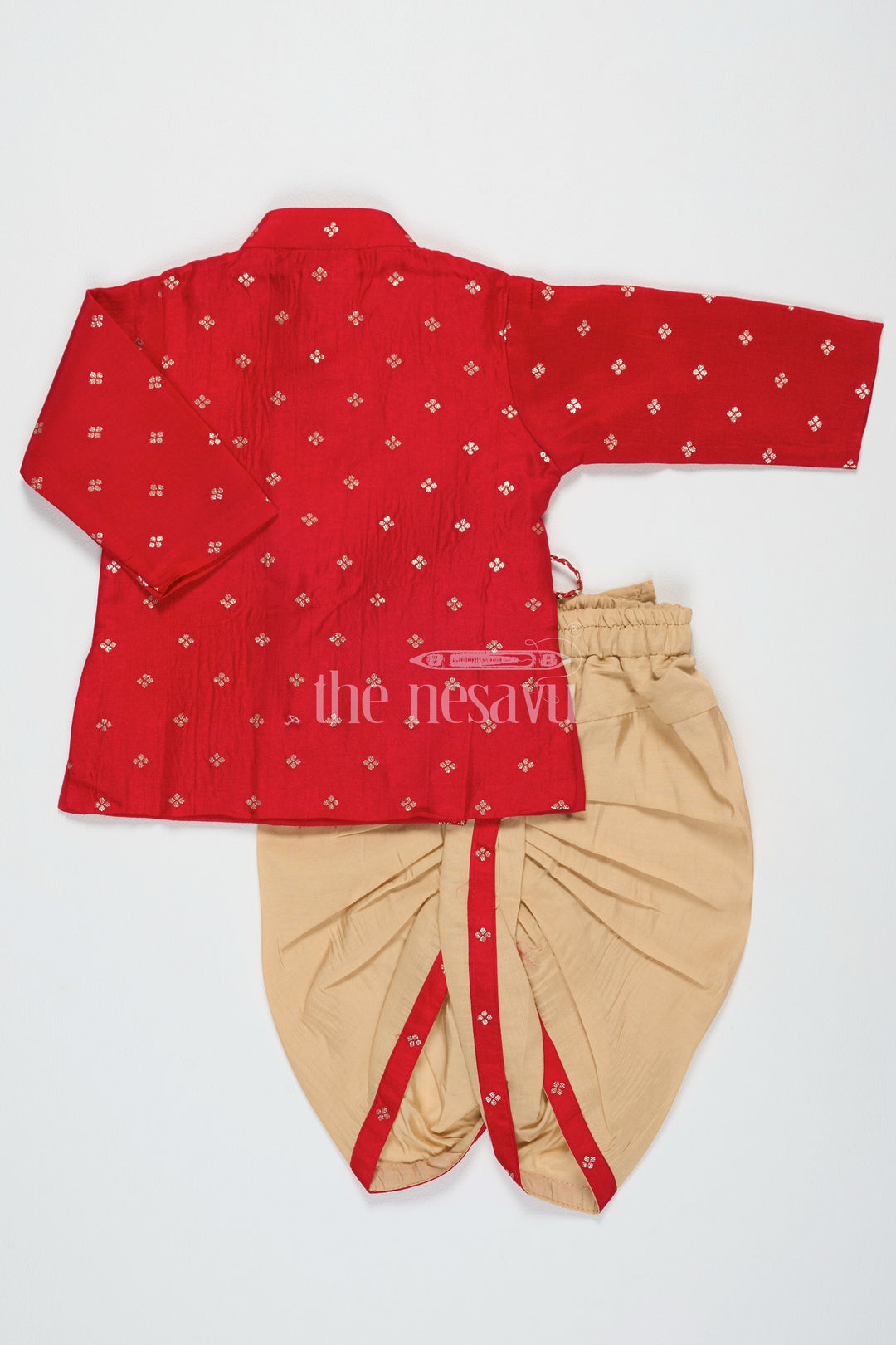 The Nesavu Boys Dothi Set Boys Kurta Dhoti Set in Red with Semi-Silk Banarasi Buttis and Beige Dhoti Nesavu Nesavu Boys Kurta Dhoti Set Red Banarasi Buttis Beige Dhoti Festive Celebrations