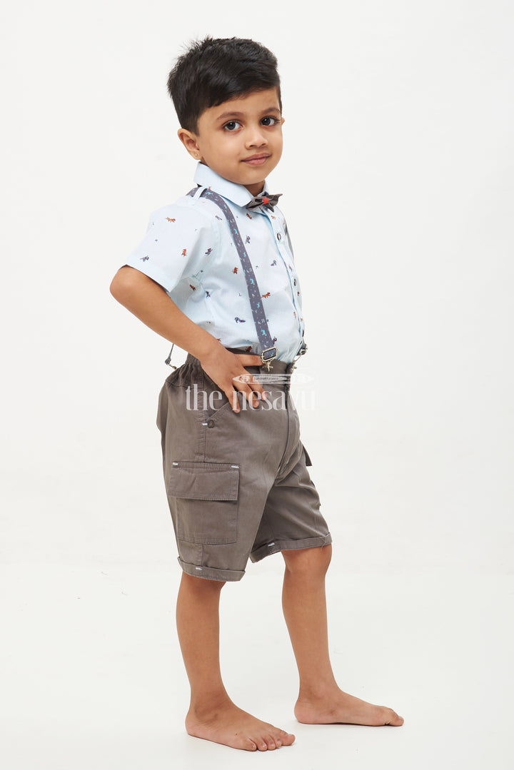 The Nesavu Boys Casual Set Boys' Light Blue Animal Print Suspender Set Nesavu Boys' Light Blue Animal Print Suspender Set - Adorable Outfit