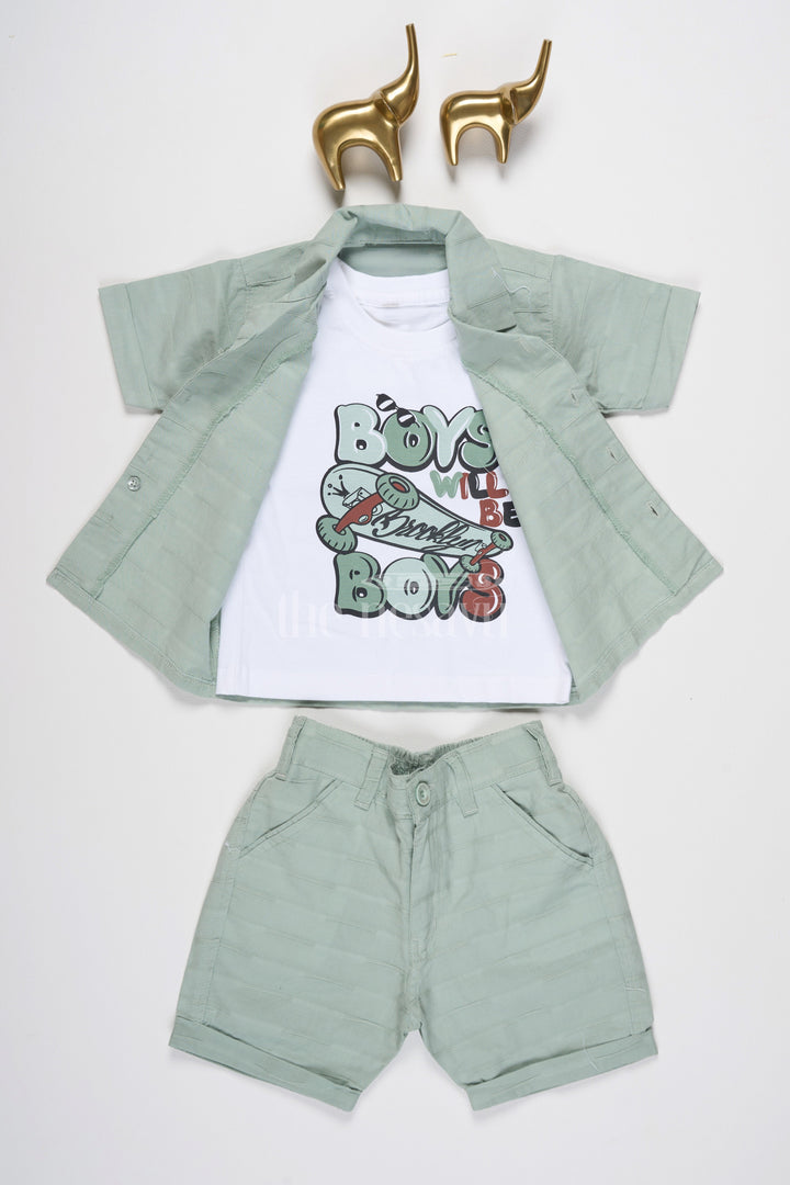 The Nesavu Boys Casual Set Boys Light Green Casual Set with Button-Down Shirt, Graphic Shirt, and Matching Shorts Nesavu 14 (6M) / Green BCS163A-14 Nesavu Boys Light Green Casual Set Graphic Shirt Button-Down Shirt Shorts Playdates