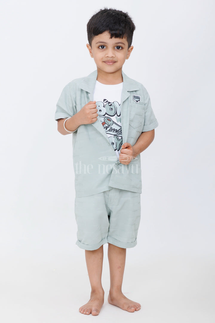 The Nesavu Boys Casual Set Boys Light Green Casual Set with Button-Down Shirt, Graphic Shirt, and Matching Shorts Nesavu Nesavu Boys Light Green Casual Set Graphic Shirt Button-Down Shirt Shorts Playdates