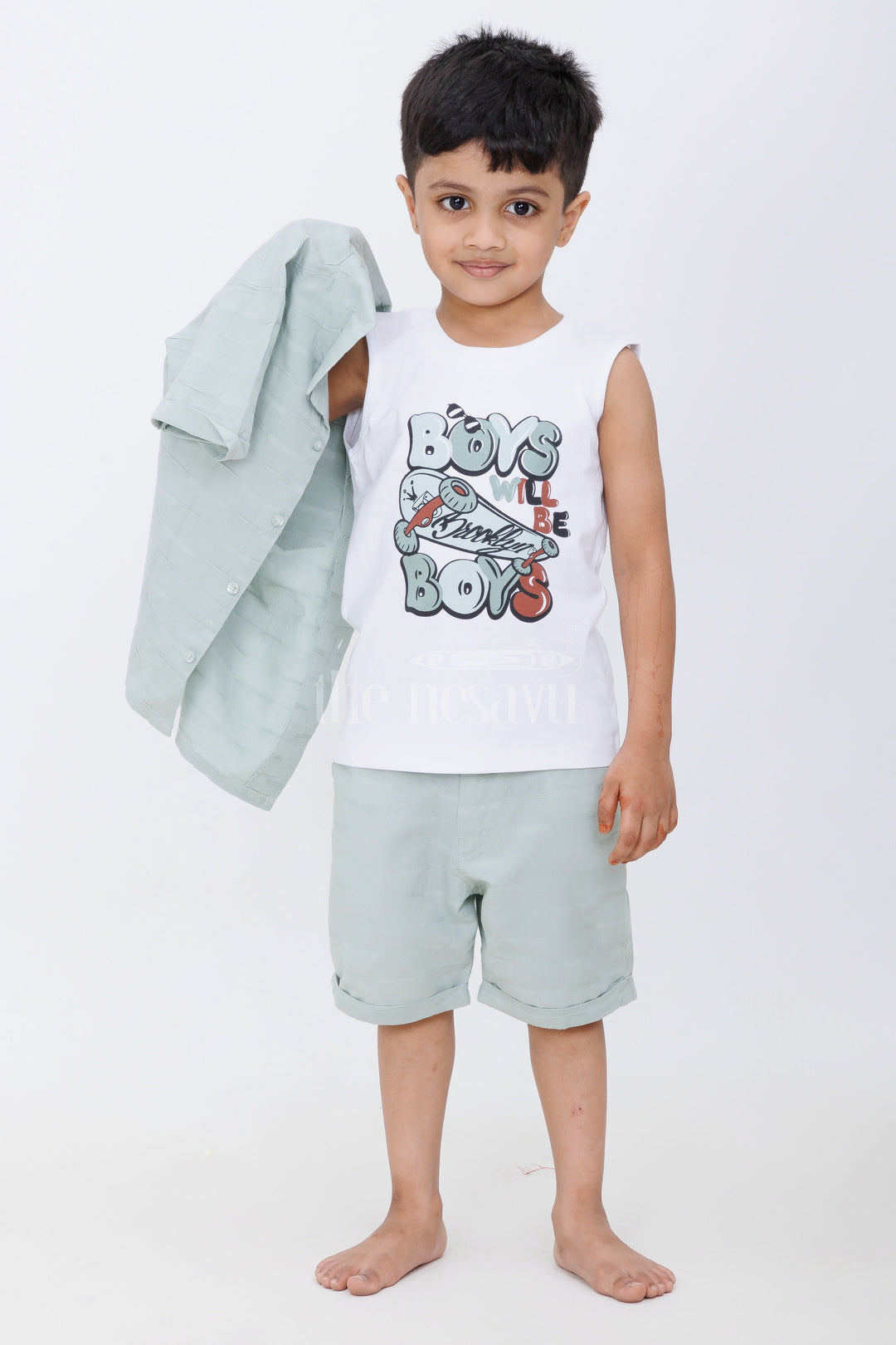 The Nesavu Boys Casual Set Boys Light Green Casual Set with Button-Down Shirt, Graphic Shirt, and Matching Shorts Nesavu Nesavu Boys Light Green Casual Set Graphic Shirt Button-Down Shirt Shorts Playdates