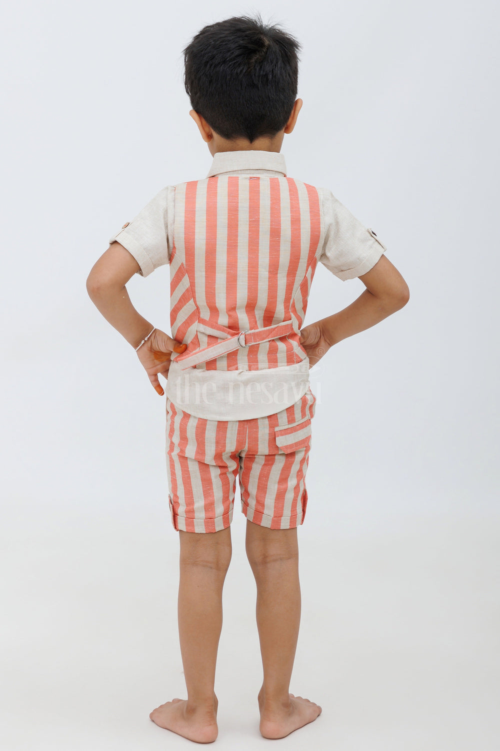 The Nesavu Boys Casual Set Boys' Linen Cotton Co-ord Shorts Set - Tomato Striped Nesavu