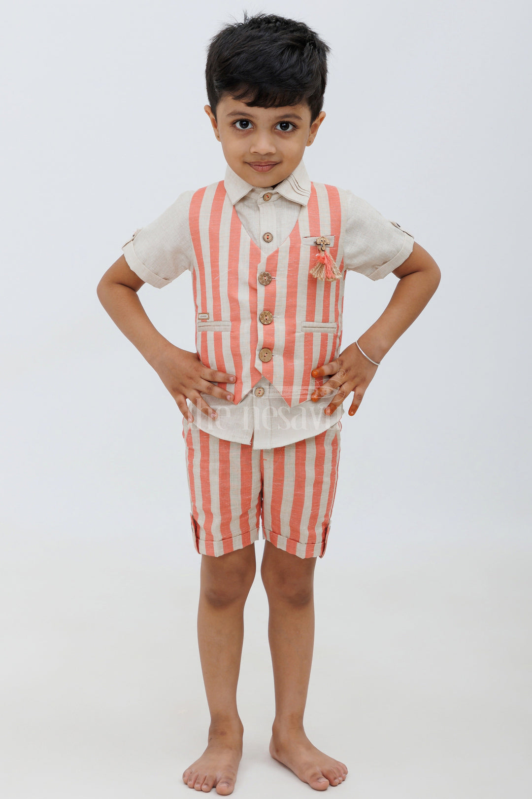 The Nesavu Boys Casual Set Boys' Linen Cotton Co-ord Shorts Set - Tomato Striped Nesavu