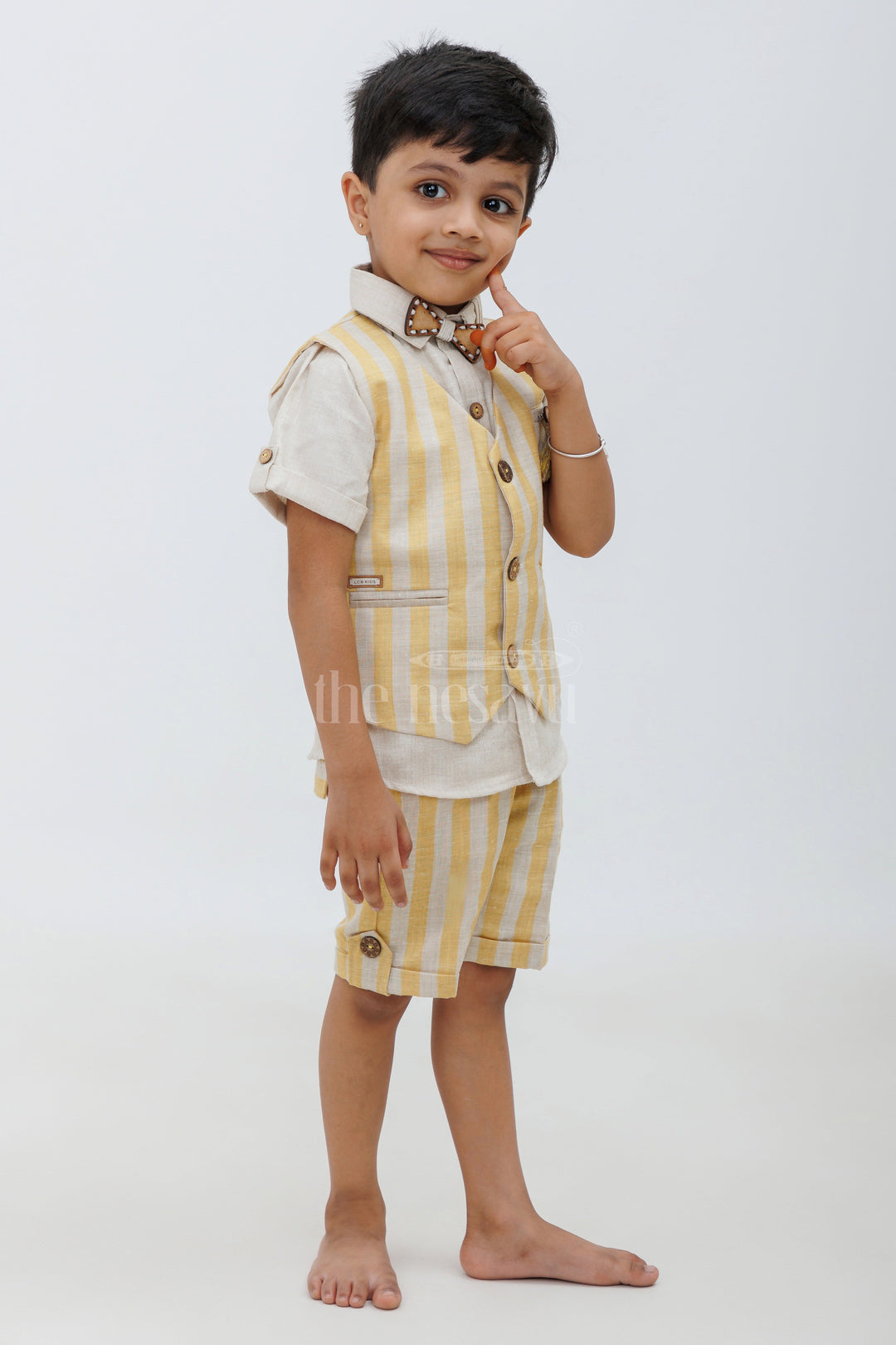 The Nesavu Boys Casual Set Boys' Linen Cotton Co-ord Shorts Set - Yellow Striped Nesavu 14 (6M) / Yellow BCS074A-14