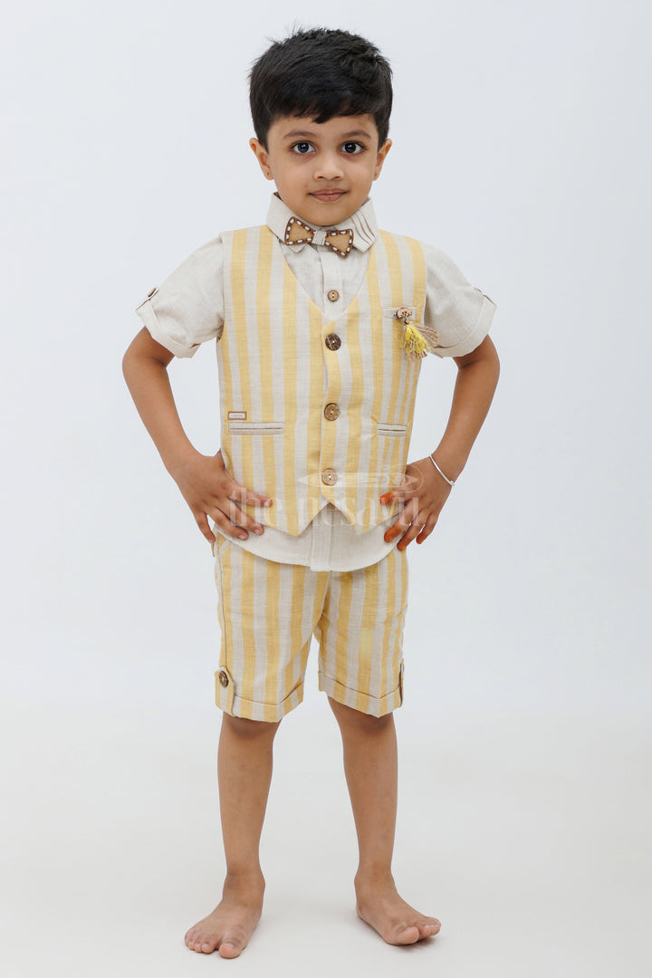 The Nesavu Boys Casual Set Boys' Linen Cotton Co-ord Shorts Set - Yellow Striped Nesavu