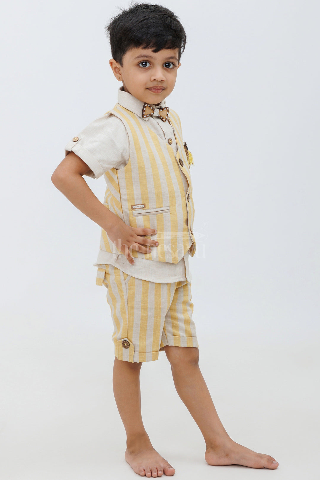 The Nesavu Boys Casual Set Boys' Linen Cotton Co-ord Shorts Set - Yellow Striped Nesavu